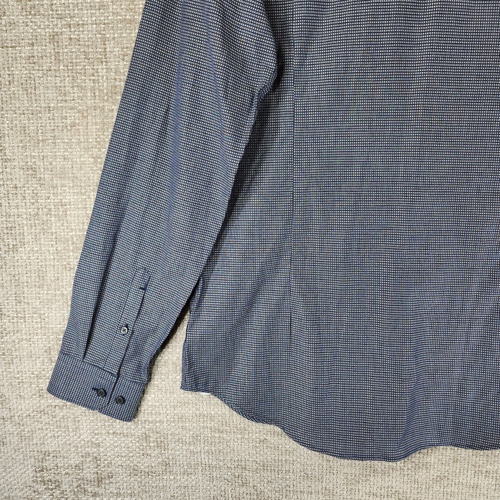 Express Fitted Microplaid Dress Shirt Mens MT Tall Navy White Long Sleeve NWT - Picture 9 of 13
